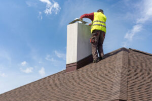 Man performing chimney inspection on a home