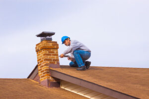 Chimney inspector on roof and looking at the exterior of the chimney